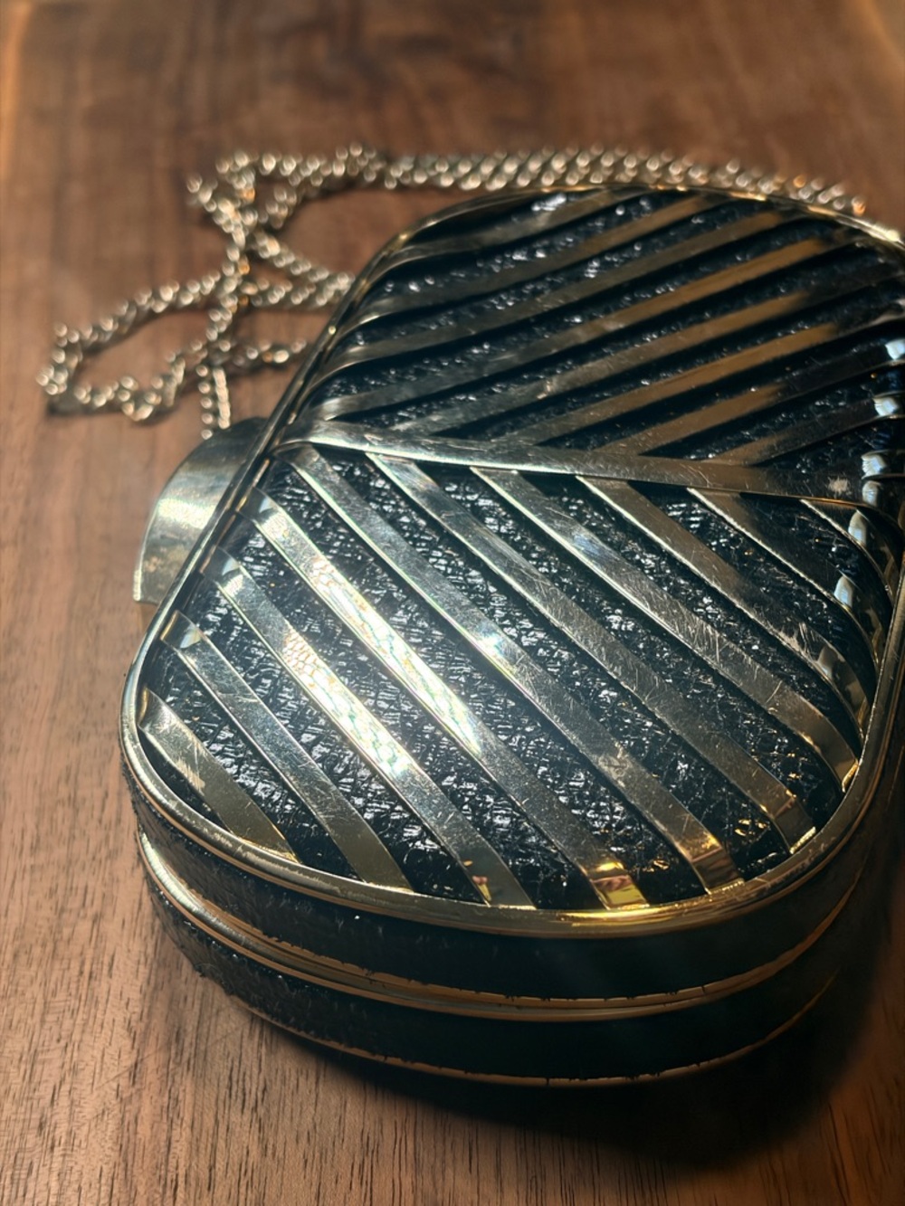 Vintage Black and Gold Diagonal Stripe Clutch with Chain